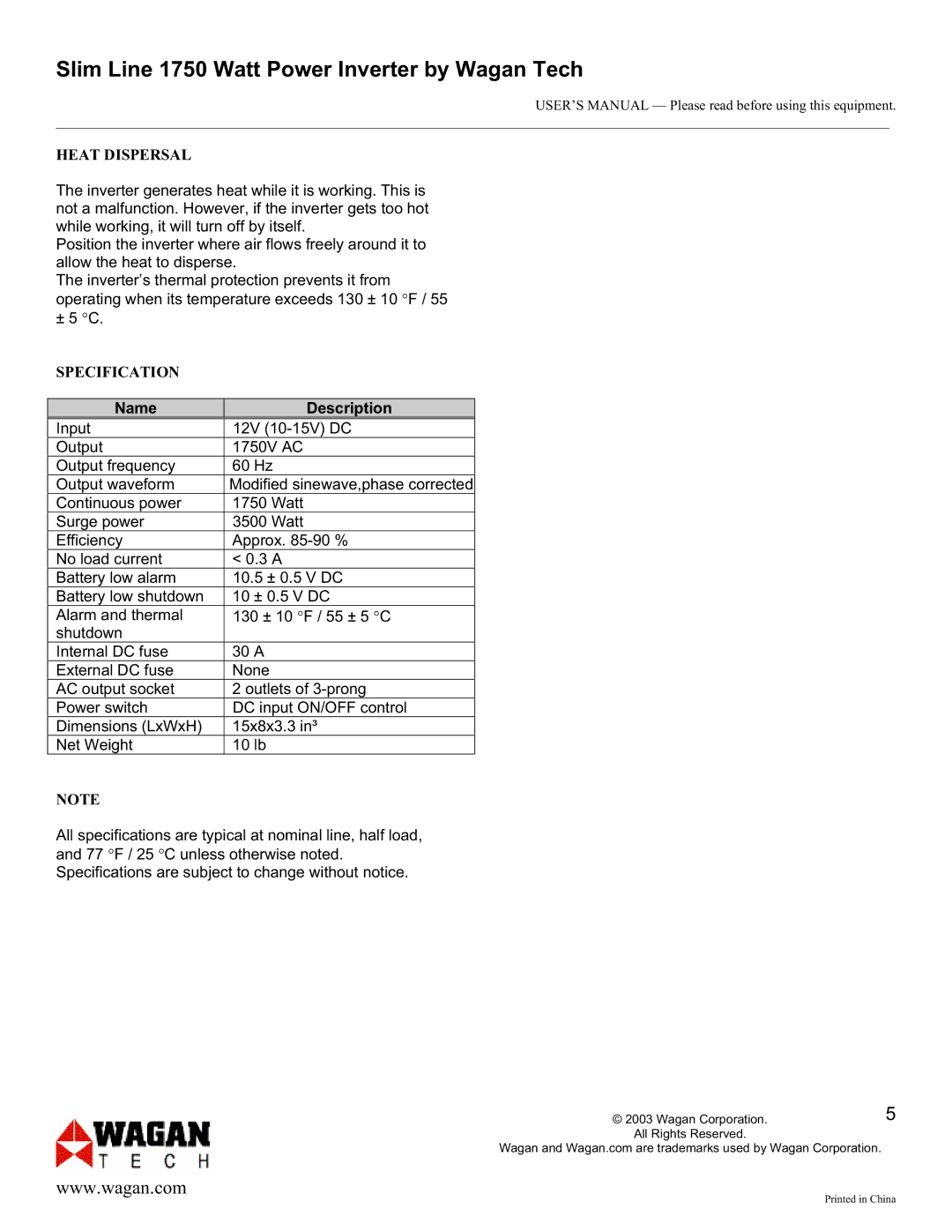 Wagan Inverter user manual Heat Dispersal, Specification, Name Description 