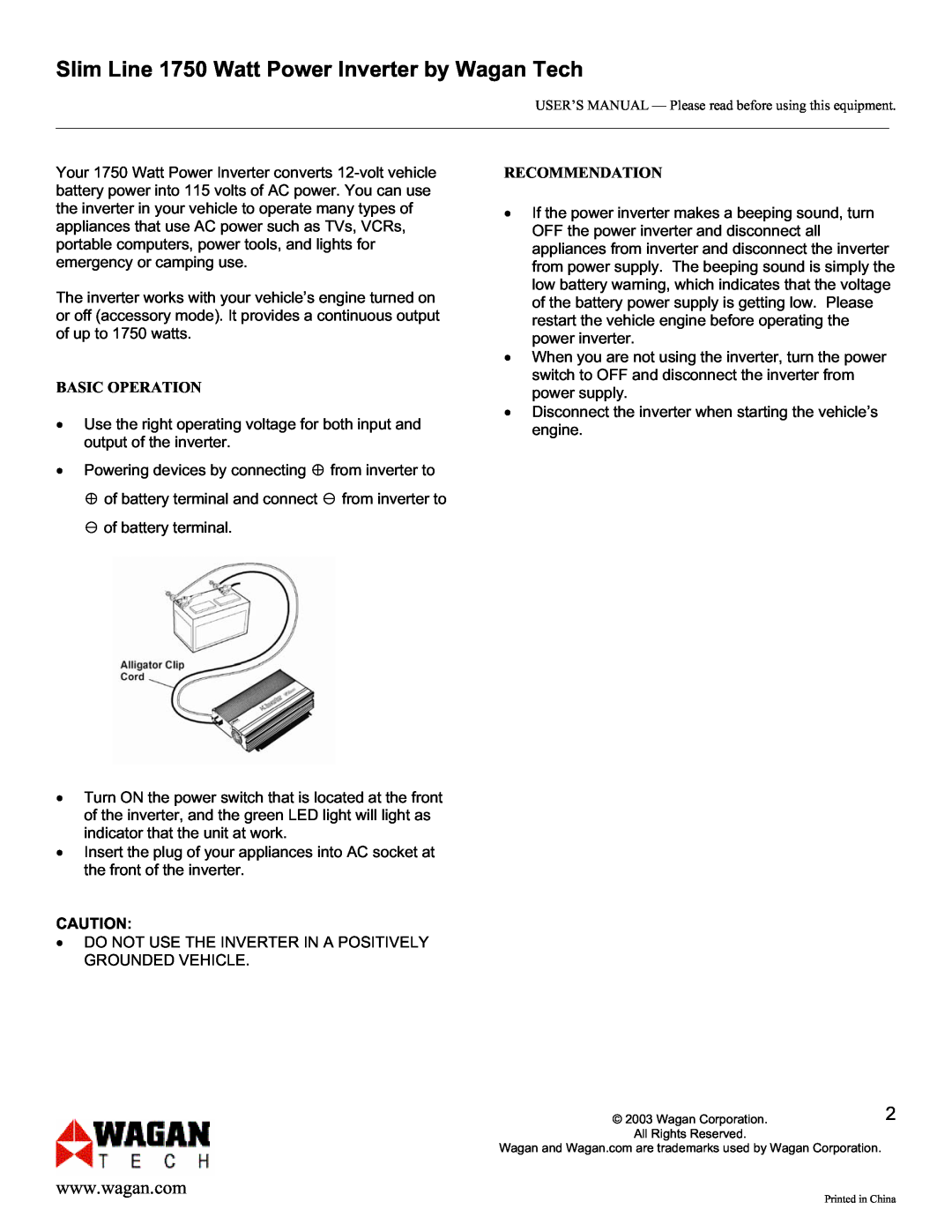 Wagan user manual Slim Line 1750 Watt Power Inverter by Wagan Tech, Basic Operation, Recommendation 