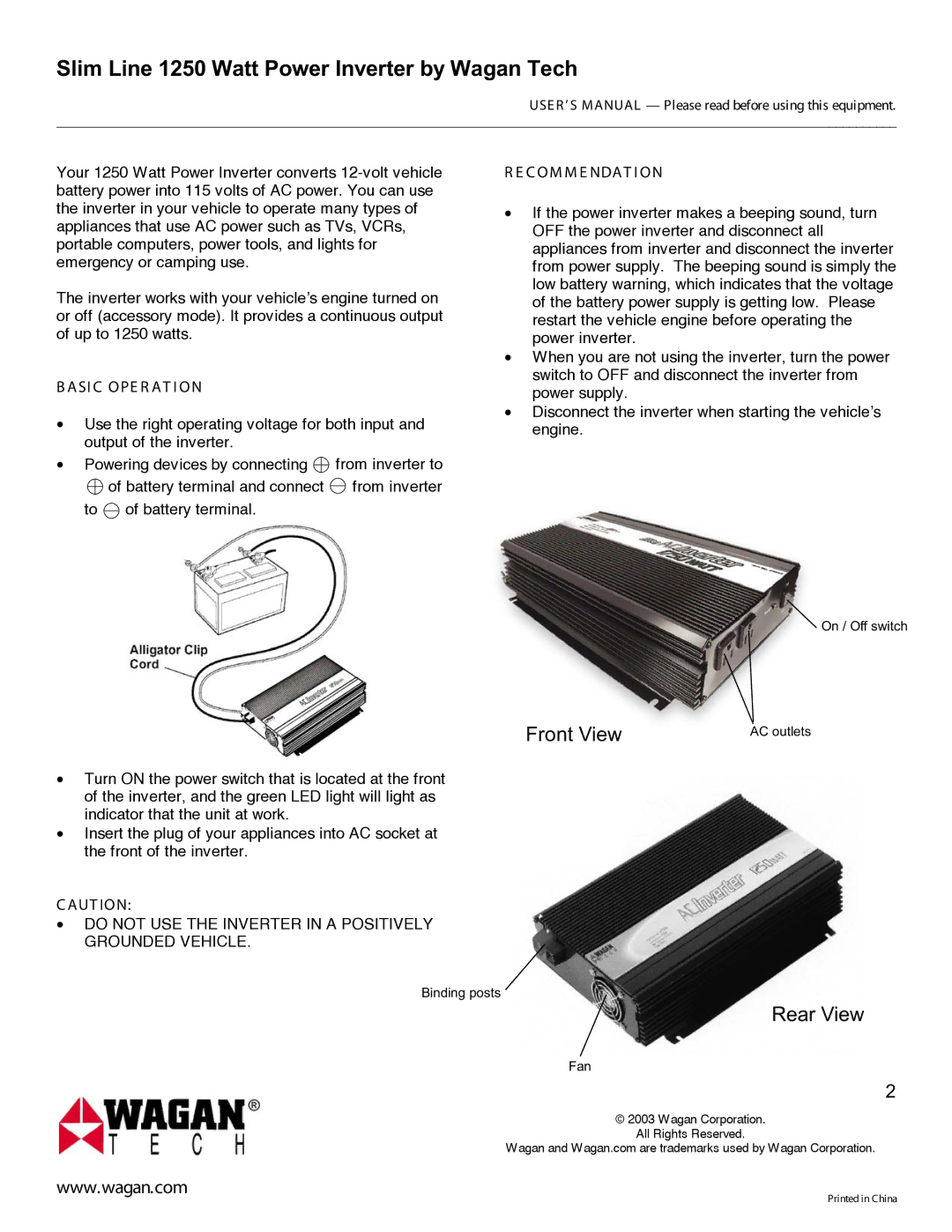 Wagan ower Inverter user manual ASI C OPE R AT I on, C OM M E Ndat I on 