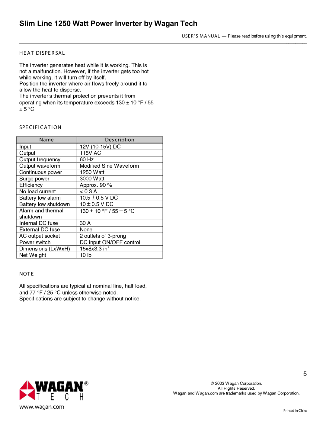 Wagan ower Inverter user manual At Di Spe R Sal, SPE C I F I C AT I on, Not E 