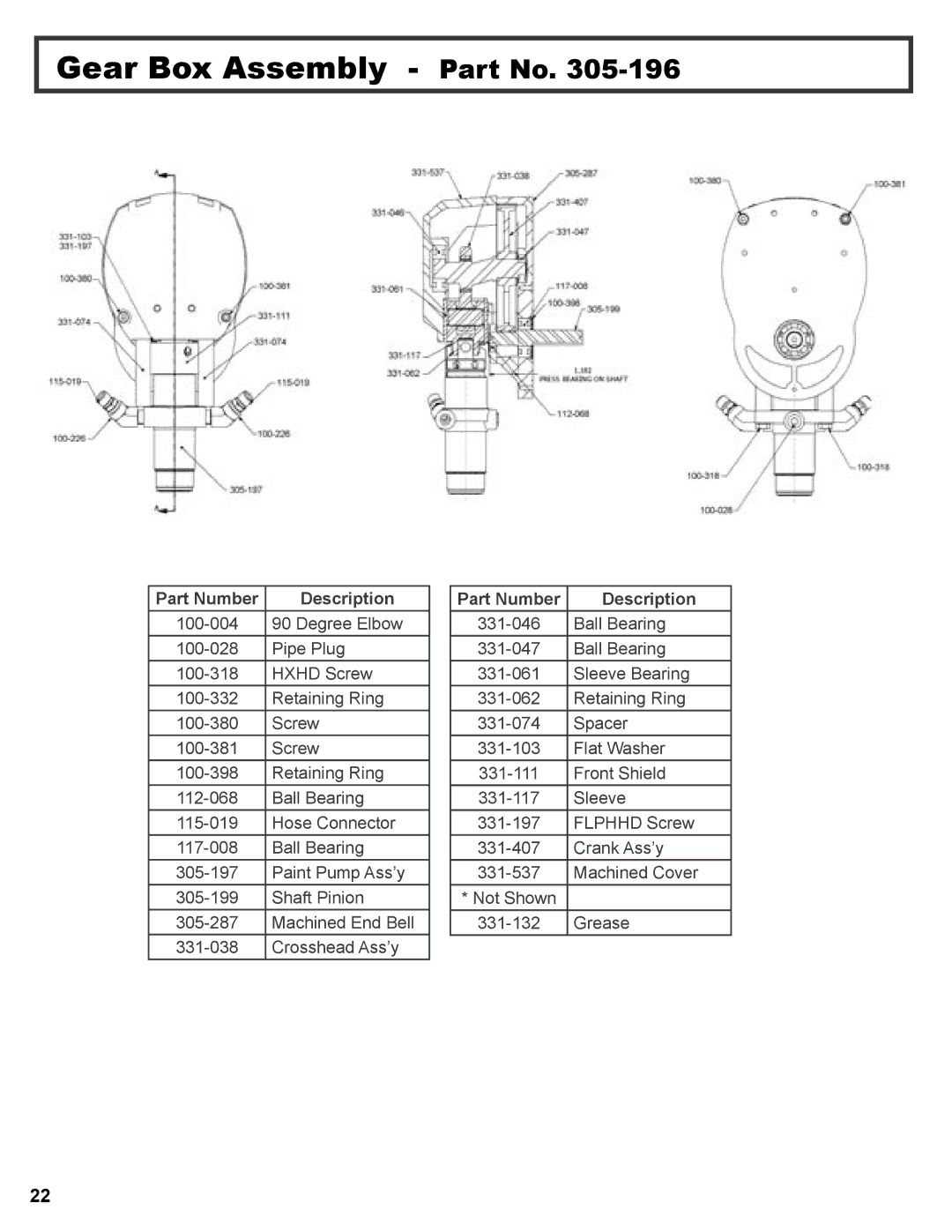 Wagner SprayTech 3000, 3500 operation manual Gear Box Assembly Part No, Part Number Description 