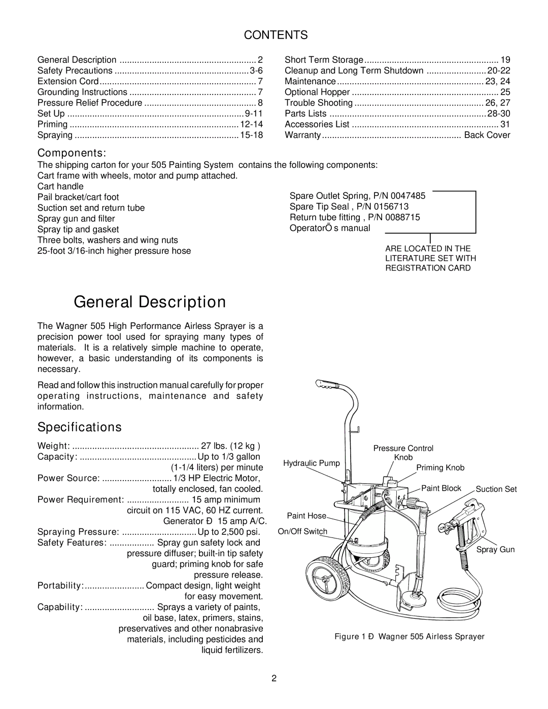 Wagner SprayTech 505 owner manual General Description, Specifications 