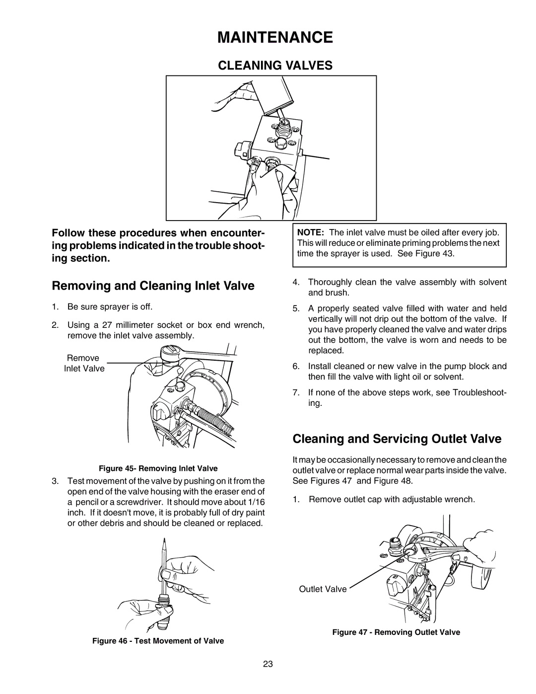 Wagner SprayTech 505 Maintenance, Cleaning Valves, Removing and Cleaning Inlet Valve, Cleaning and Servicing Outlet Valve 