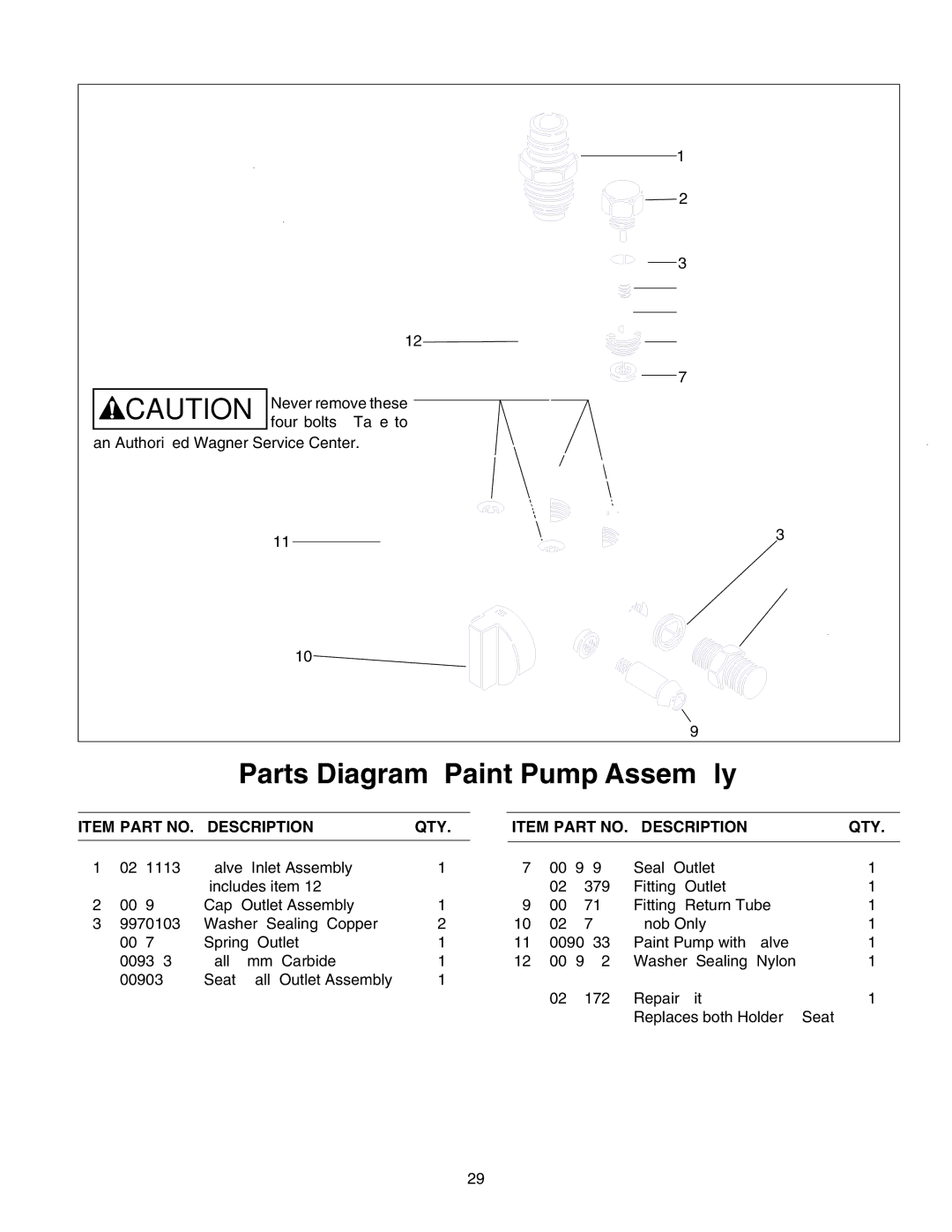 Wagner SprayTech 505 owner manual Parts Diagram Paint Pump Assembly, Item Part no Description QTY 