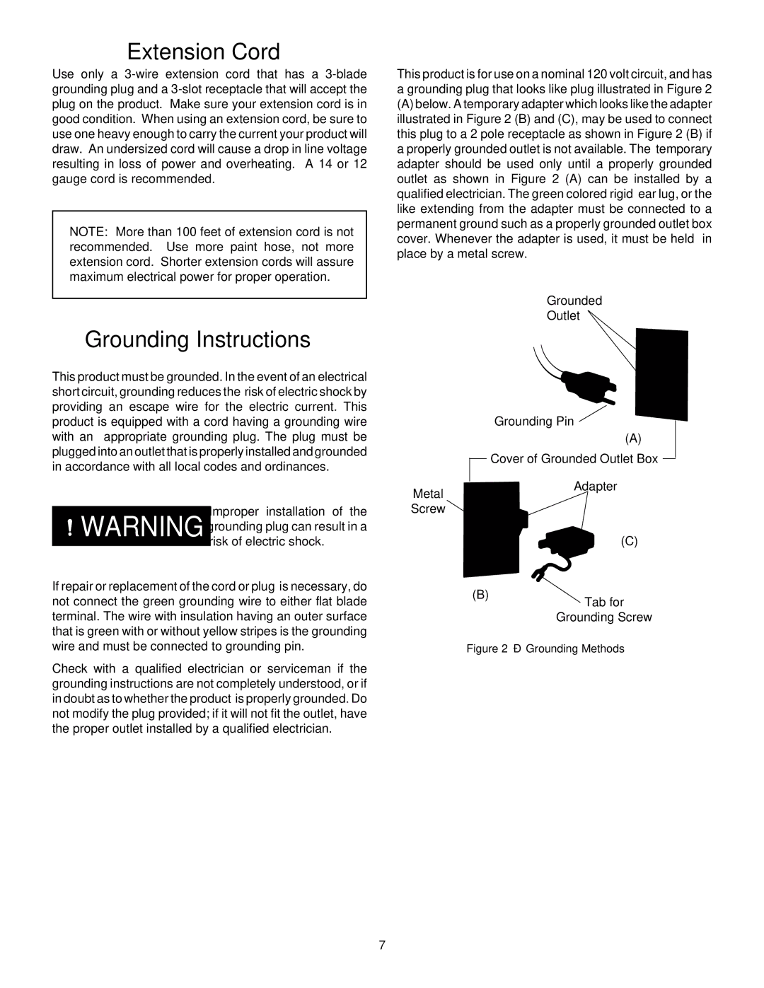 Wagner SprayTech 505 owner manual Extension Cord, Grounding Instructions 