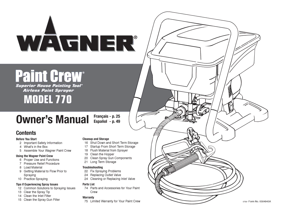 Wagner SprayTech 770 owner manual Contents 