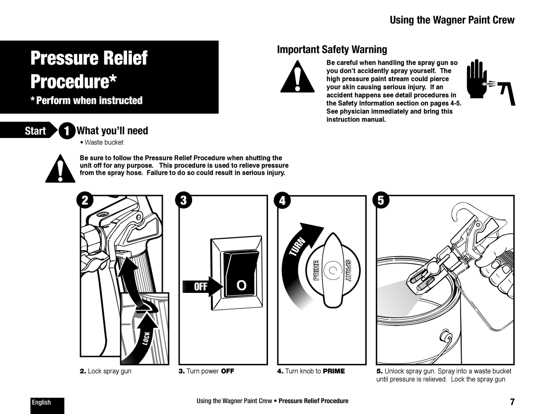 Wagner SprayTech 770 owner manual Pressure Relief Procedure, Using the Wagner Paint Crew Important Safety Warning 