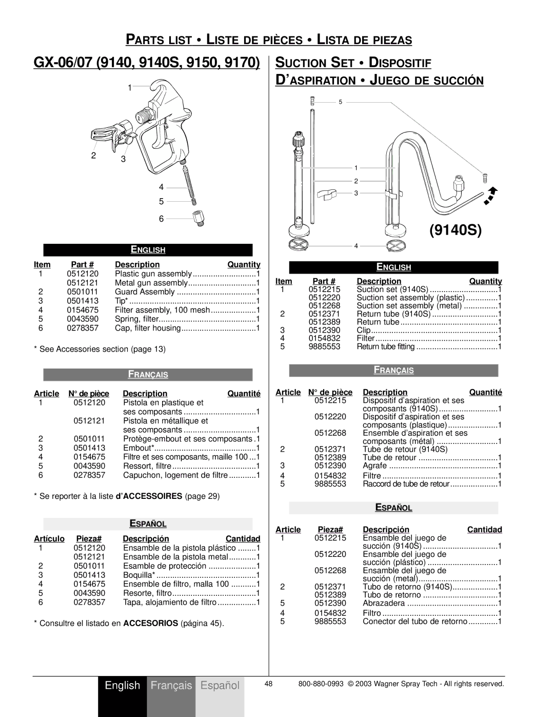 Wagner SprayTech 9140 Parts List Liste DE PIÈ CES Lista DE Piezas, Suction SET Dispositif ’ASPIRATION Juego DE Succió N 