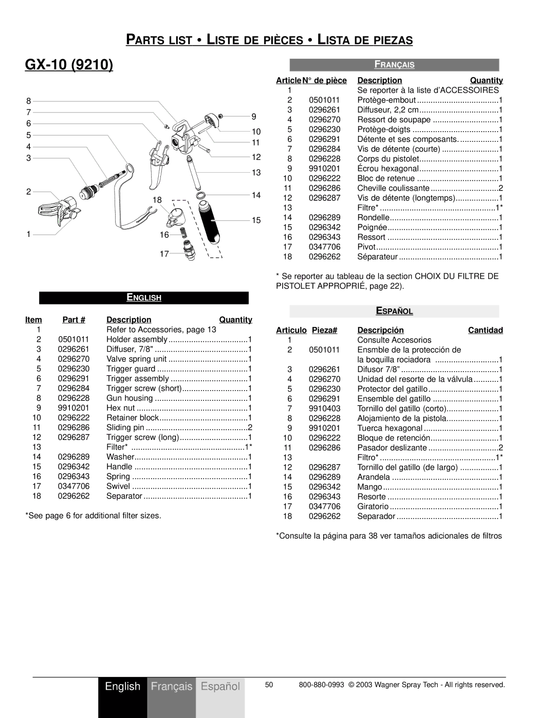 Wagner SprayTech 9140S, 9210 owner manual 0296291, 0296343, 0347706, 0296262, See page 6 for additional filter sizes 