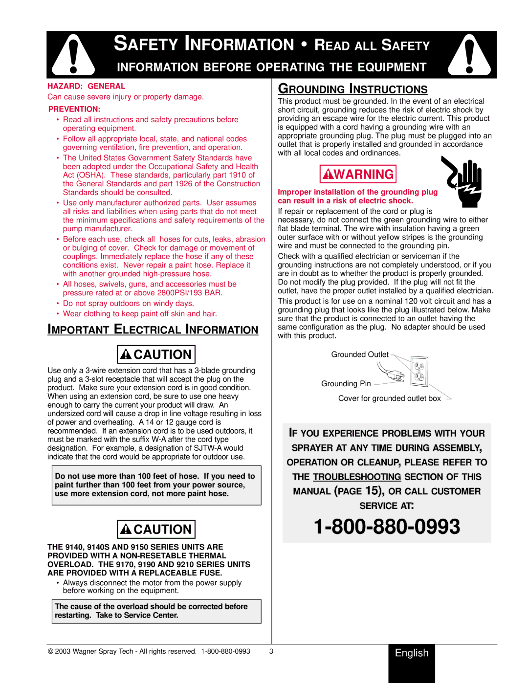 Wagner SprayTech 9140S, 9210 owner manual Important Electrical Information, Grounding Instructions 