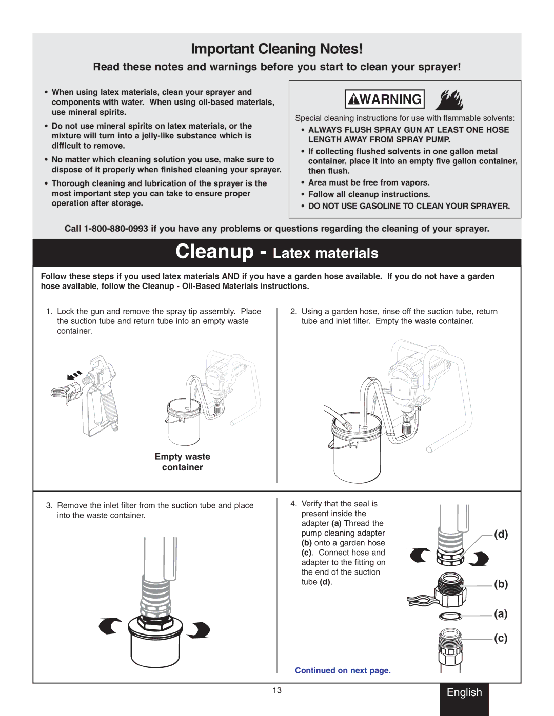 Wagner SprayTech 9140S, 9146, 9150, 9170, 9190 owner manual Important Cleaning Notes, Cleanup Latex materials 