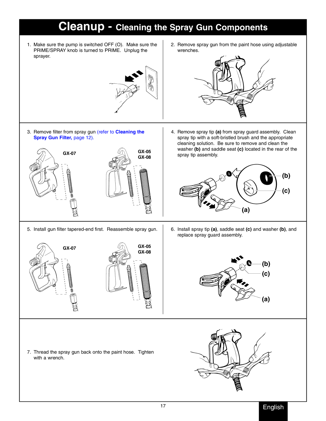 Wagner SprayTech 9140S, 9146, 9150, 9170, 9190 owner manual Cleanup Cleaning the Spray Gun Components 