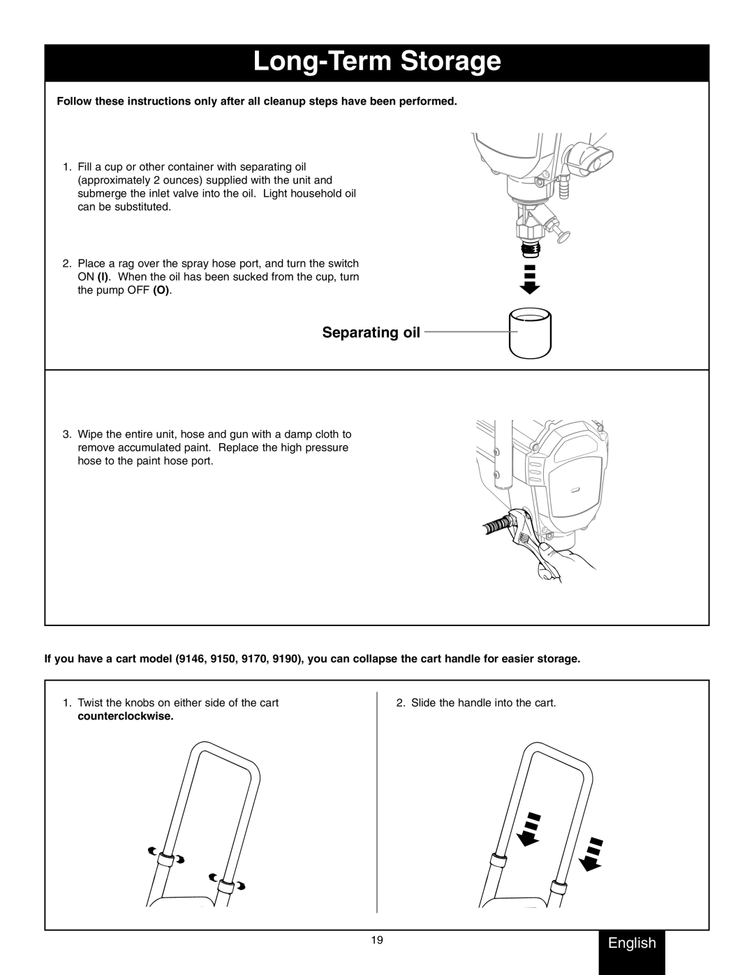 Wagner SprayTech 9140S, 9146, 9150, 9170, 9190 owner manual Long-Term Storage, Separating oil 