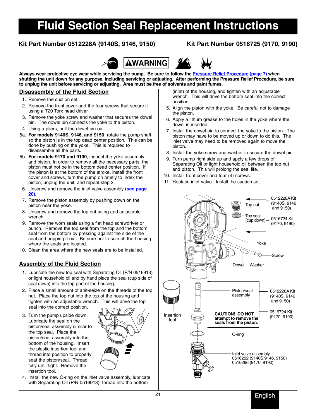 Wagner SprayTech 9146, 9170, 9150, 9190 Fluid Section Seal Replacement Instructions, Disassembly of the Fluid Section 