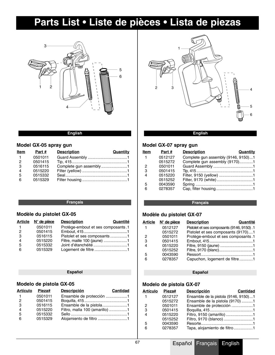 Wagner SprayTech 9140S, 9146, 9150, 9170, 9190 owner manual Parts List Liste de pièces Lista de piezas 