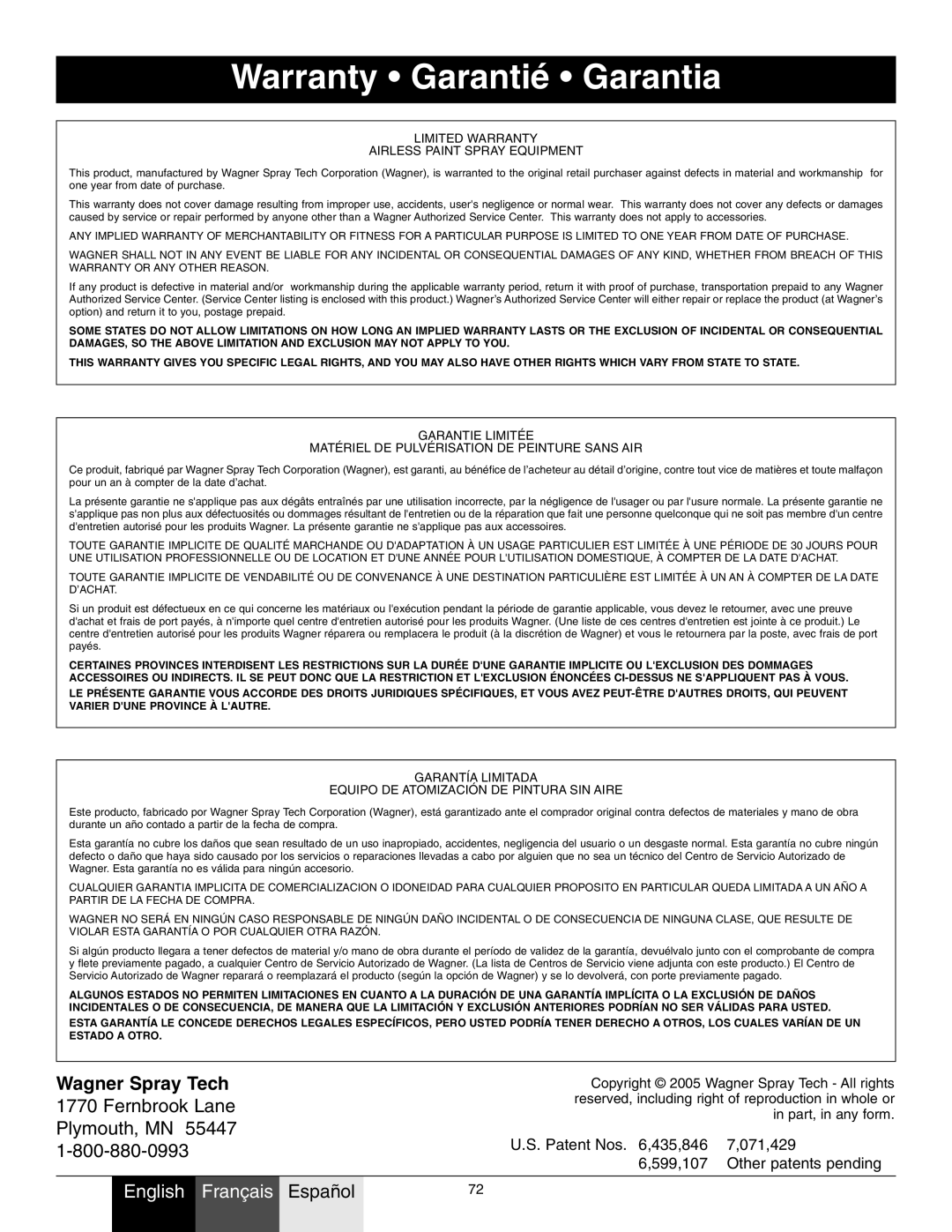 Wagner SprayTech 9140S, 9146, 9150, 9170, 9190 owner manual Warranty Garantié Garantia, Wagner Spray Tech 