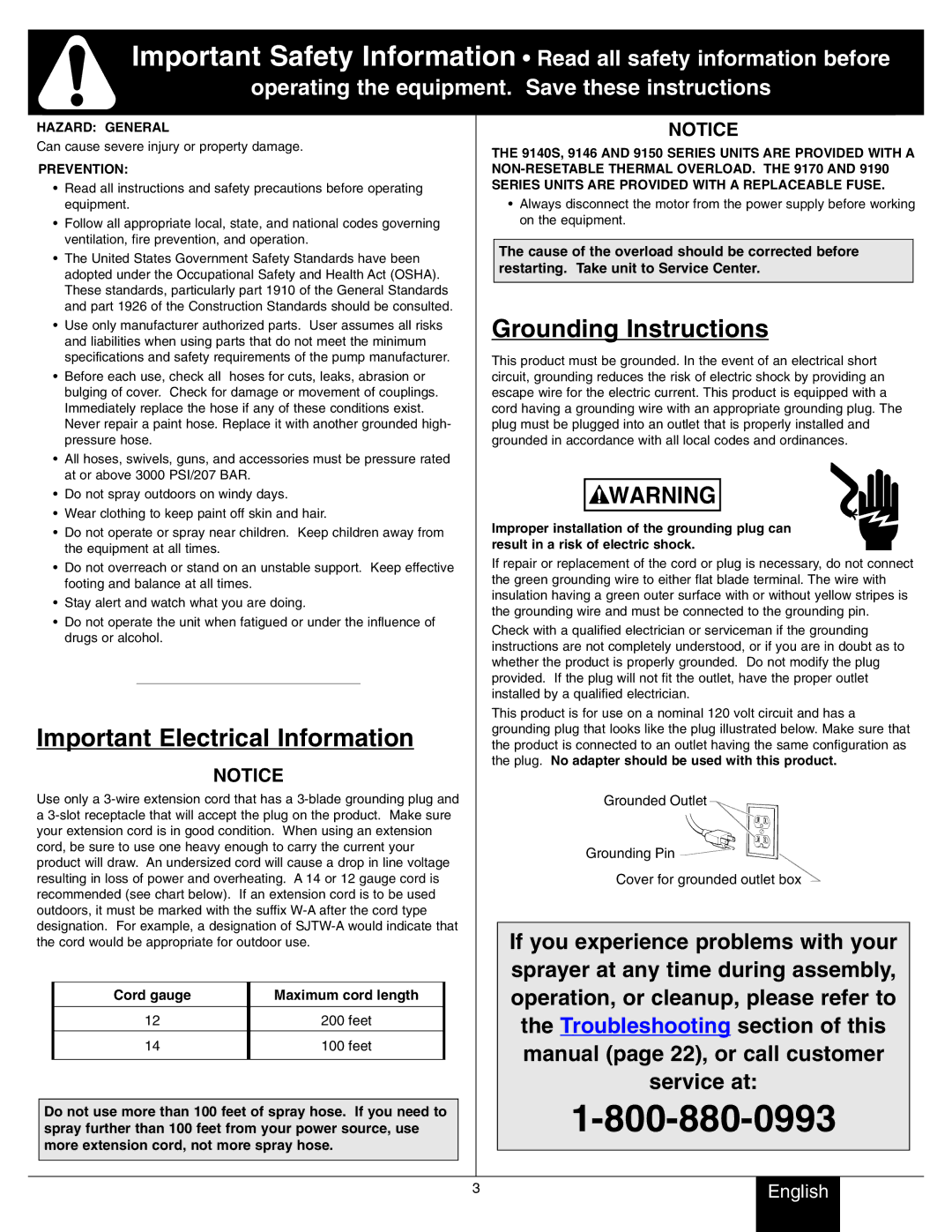 Wagner SprayTech 9190, 9170, 9146 Important Electrical Information, Grounding Instructions, Cord gauge Maximum cord length 