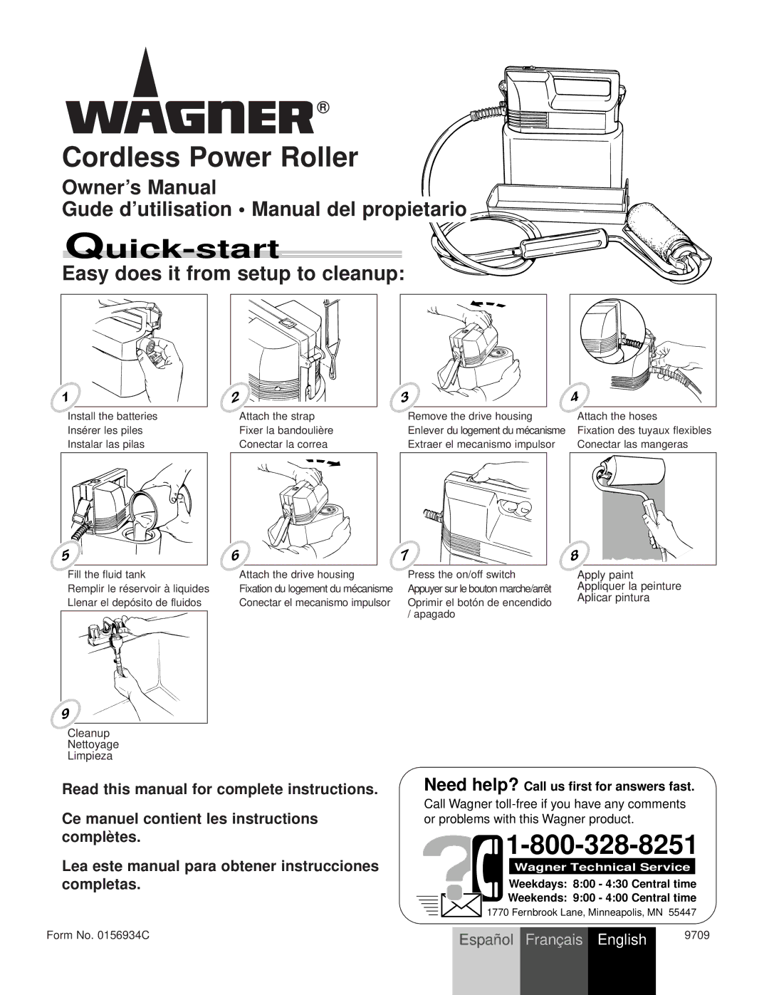 Wagner SprayTech Cordless Power Roller owner manual Need help? Call us first for answers fast, Cleanup Nettoyage Limpieza 