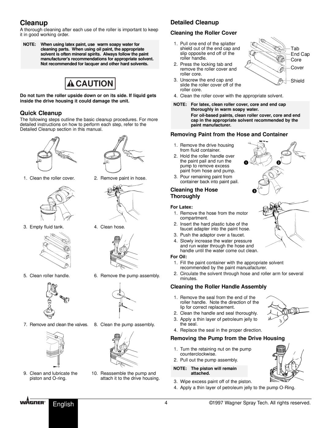 Wagner SprayTech Cordless Power Roller owner manual Detailed Cleanup, Quick Cleanup 