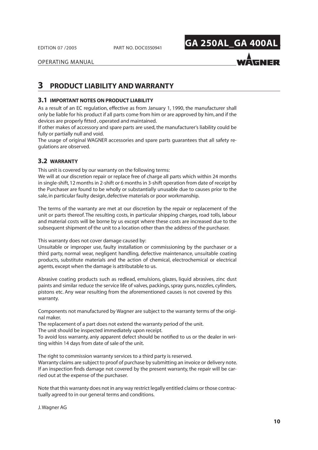 Wagner SprayTech GA 400AL, GA 250AL manual Product Liability and Warranty, Important Notes on Product Liability 