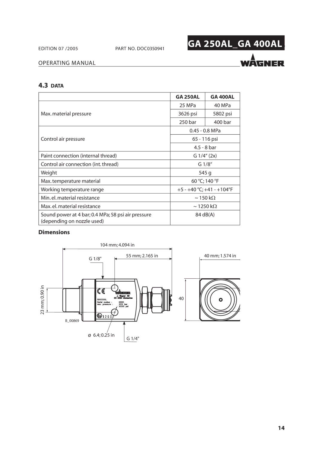 Wagner SprayTech manual Data, GA 250AL GA 400AL 