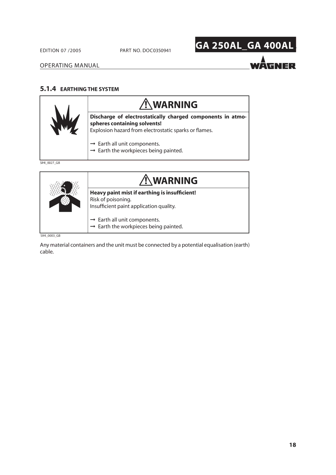 Wagner SprayTech GA 400AL, GA 250AL manual Earthing the System, 2ISKSOF POISONING, œœ %Arth All Unitlcomponents 