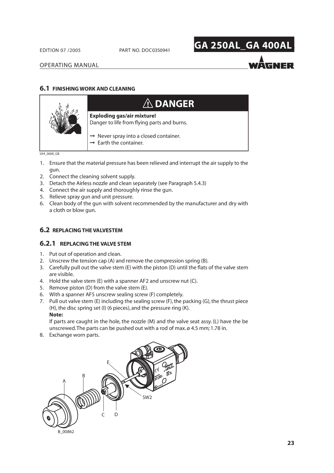 Wagner SprayTech GA 250AL, GA 400AL manual Finishing Work and Cleaning, XplodingogasAirgmixture 