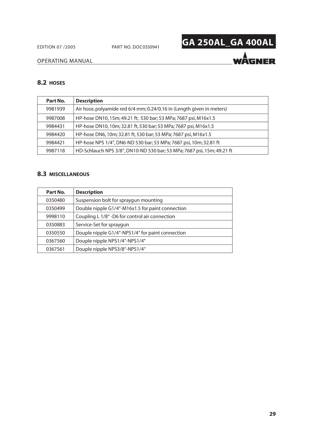 Wagner SprayTech GA 250AL, GA 400AL manual Hoses, Miscellaneous 