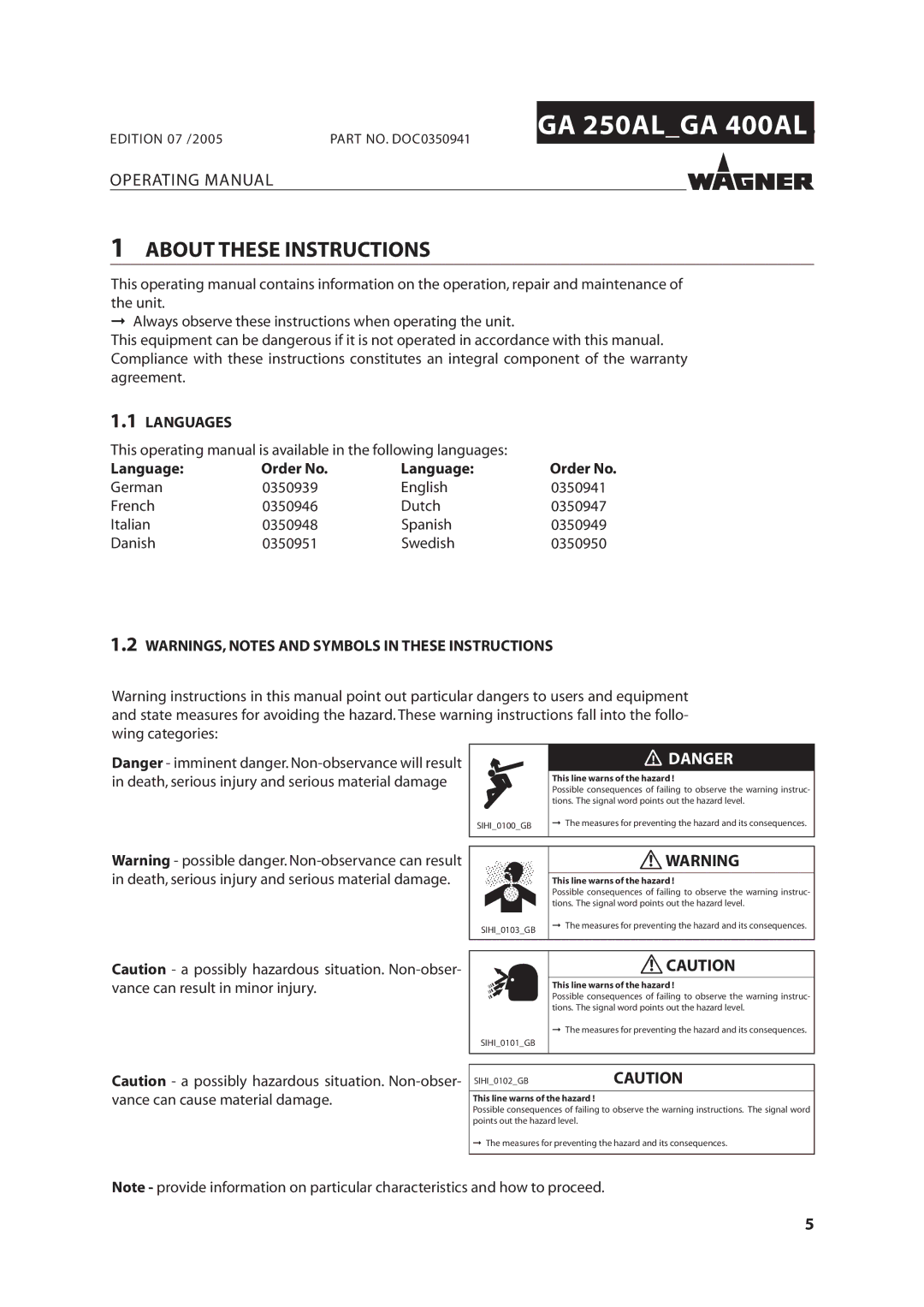 Wagner SprayTech GA 250AL, GA 400AL manual About These Instructions, Languages, Anguage Rdere.O 