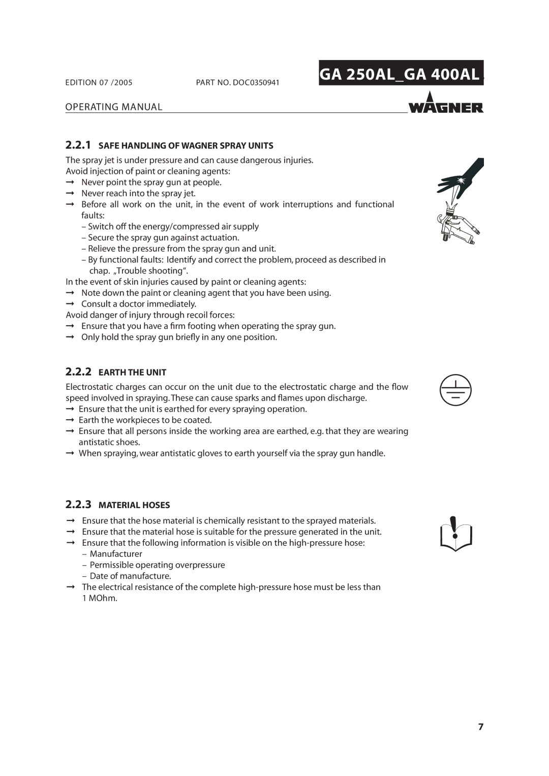 Wagner SprayTech GA 250AL, GA 400AL manual Safe Handling of Wagner Spray Units, Earth the Unit, Material Hoses 