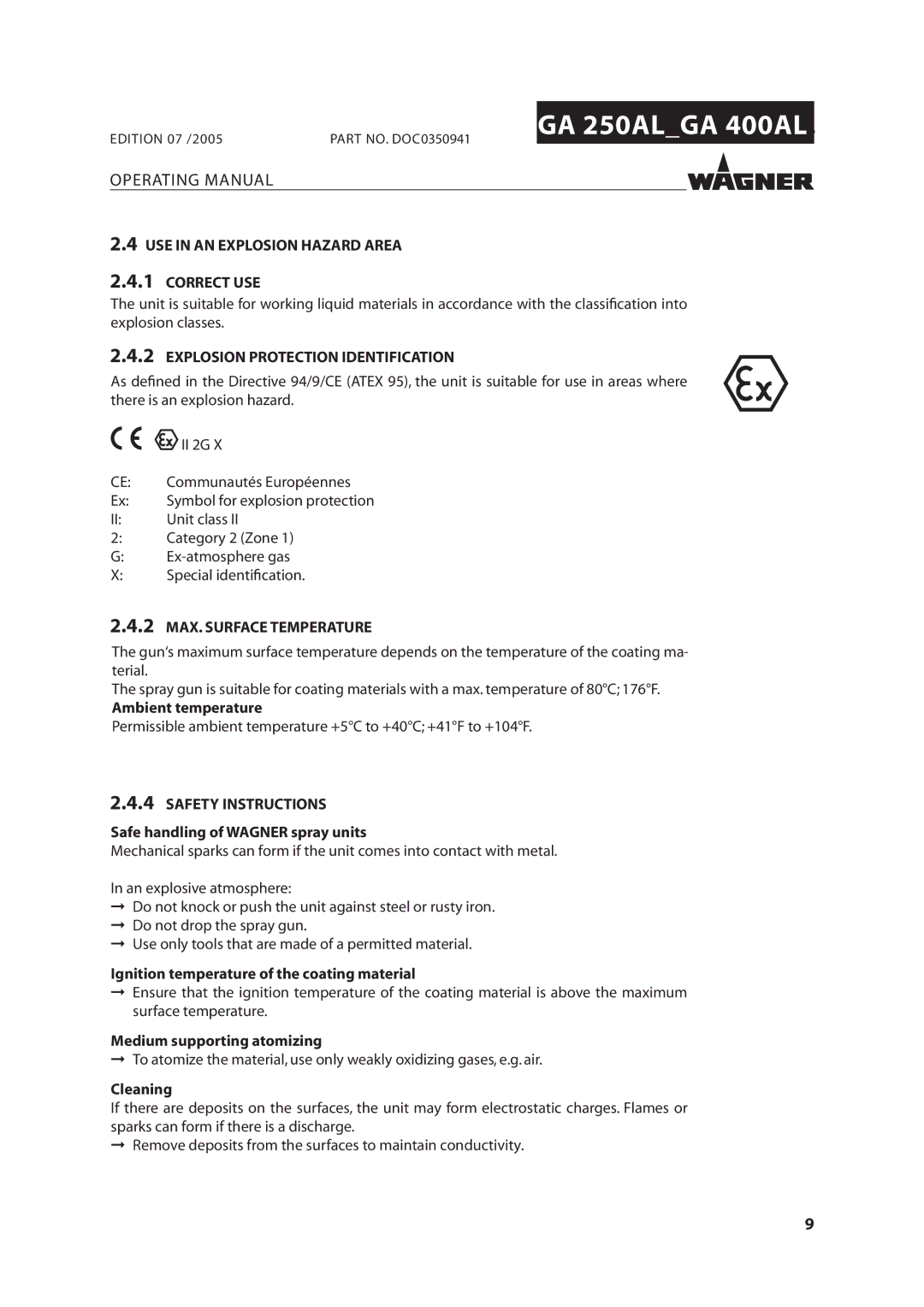 Wagner SprayTech GA 250AL manual USE in AN Explosion Hazard Area Correct USE, Explosion Protection Identification, #Leaning 