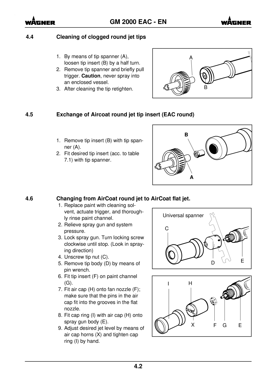 Wagner SprayTech GM 2000 EACR manual Cleaning of clogged round jet tips, Exchange of Aircoat round jet tip insert EAC round 