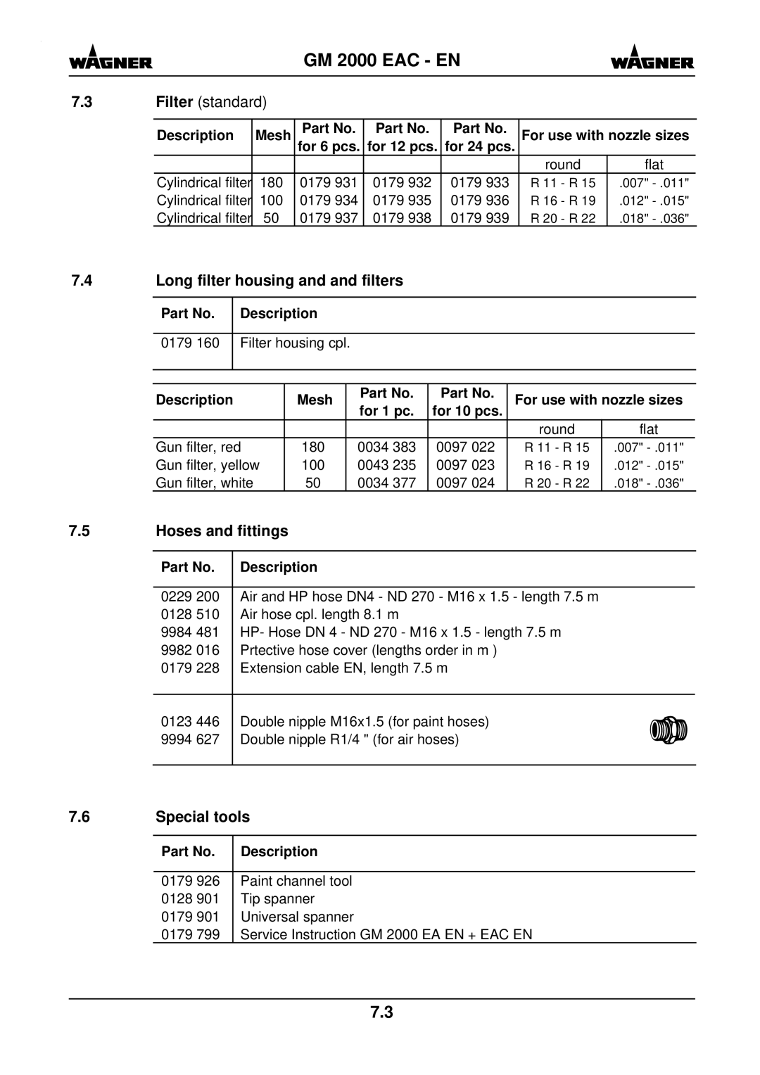 Wagner SprayTech GM 2000 EACF manual Long filter housing and and filters, Hoses and fittings, Special tools, Description 