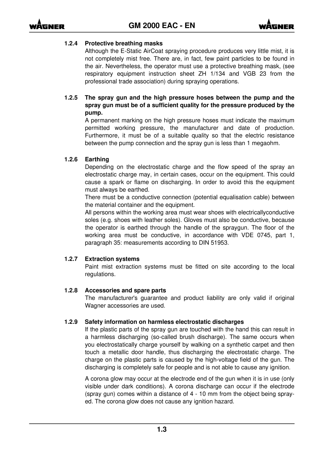 Wagner SprayTech GM 2000 EACF manual Protective breathing masks, Earthing, Extraction systems, Accessories and spare parts 