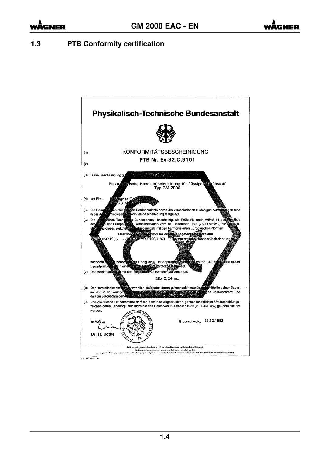 Wagner SprayTech GM 2000 EACR, GM 2000 EACF manual PTB Conformity certification 