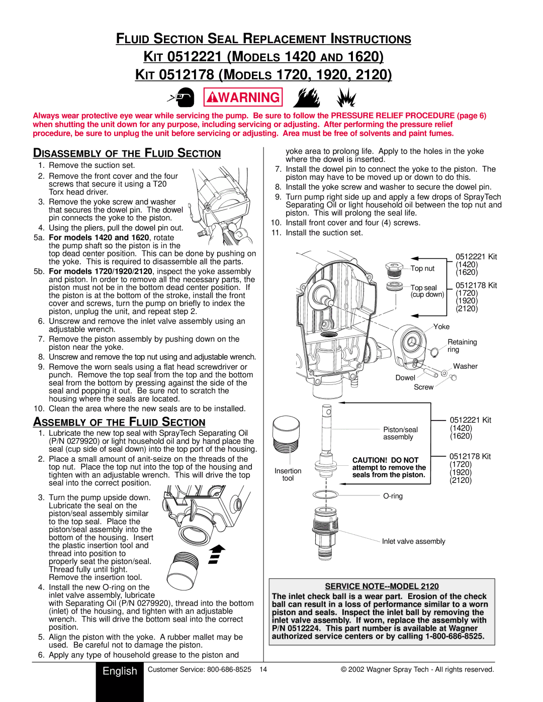 Wagner SprayTech 1420, 1720, 2120, 1920, 1620 Fluid Section Seal Replacement Instructions, Disassembly of the Fluid Section 