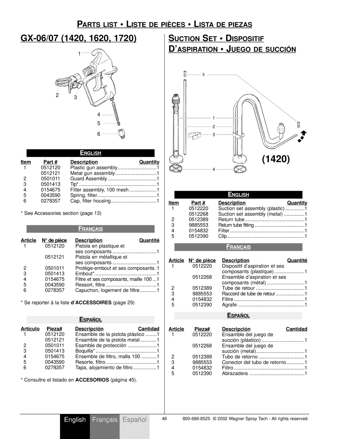 Wagner SprayTech 1620 Parts List Liste DE PIÈ CES Lista DE Piezas, Suction SET Dispositif ’ASPIRATION Juego DE Succió N 