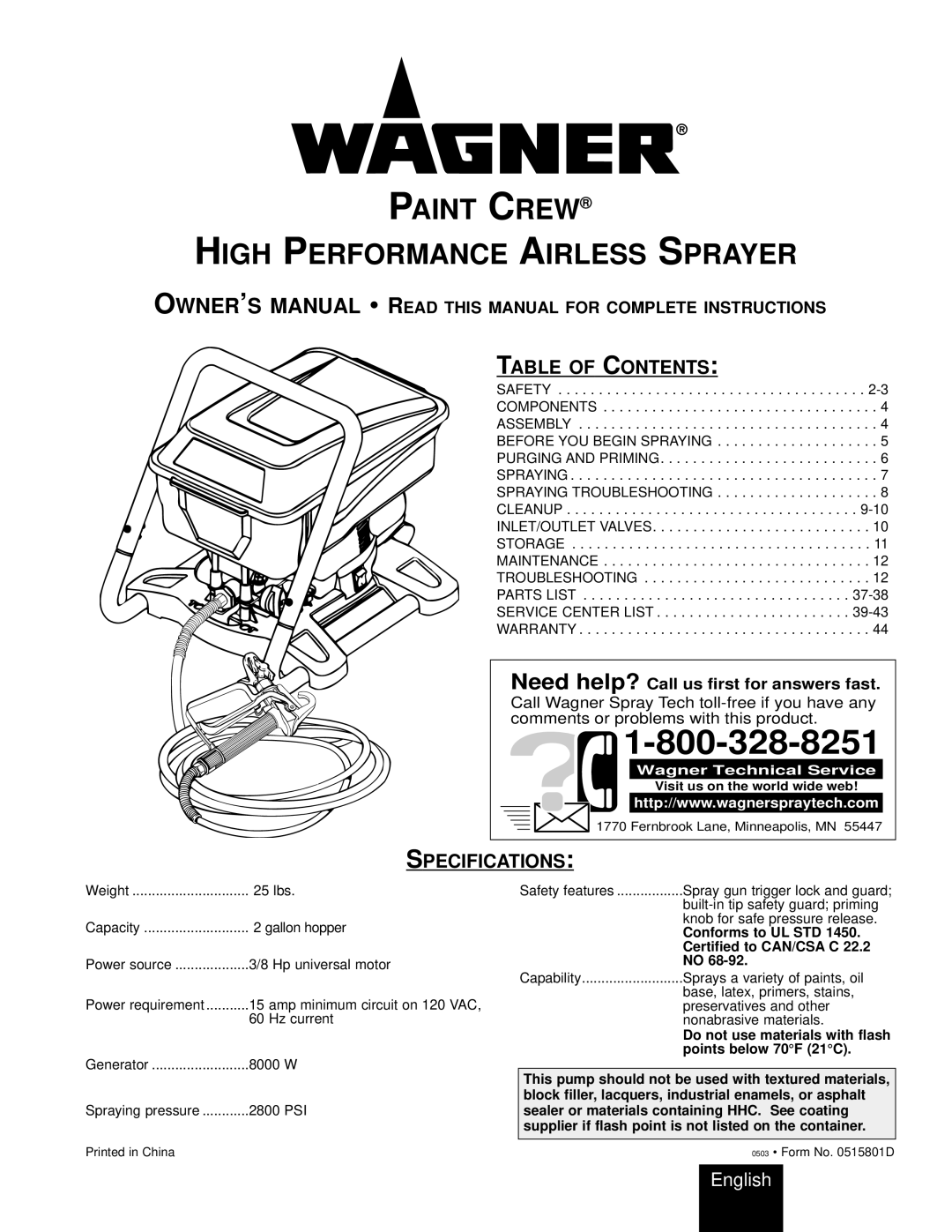 Wagner SprayTech HIGH PERFORMANCE AIRLESS SPRAYER owner manual Paint Crew High Performance Airless Sprayer, Specifications 