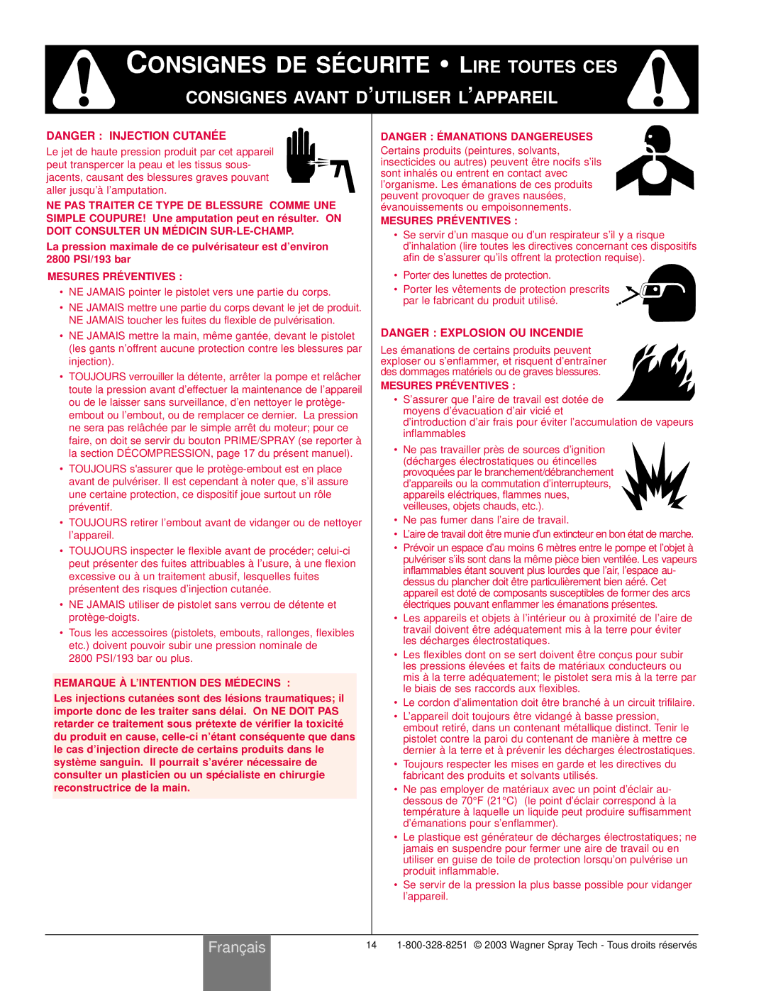 Wagner SprayTech HIGH PERFORMANCE AIRLESS SPRAYER owner manual Consignes DE SÉ Curite Lire Toutes CES 