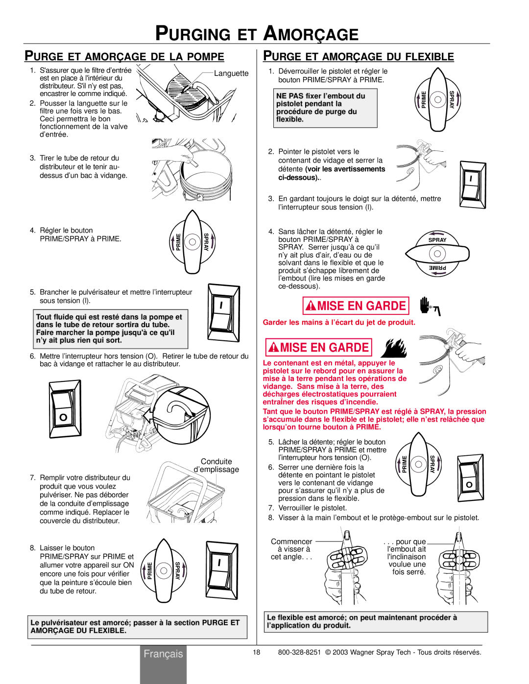 Wagner SprayTech HIGH PERFORMANCE AIRLESS SPRAYER owner manual Purging ET Amorç AGE, Purge ET Amorç AGE DE LA Pompe 