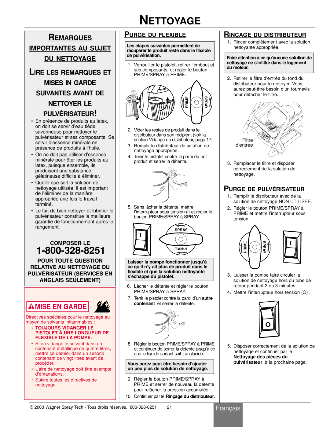 Wagner SprayTech HIGH PERFORMANCE AIRLESS SPRAYER owner manual Nettoyage, Purge DU Flexible, Rinç AGE DU Distributeur 