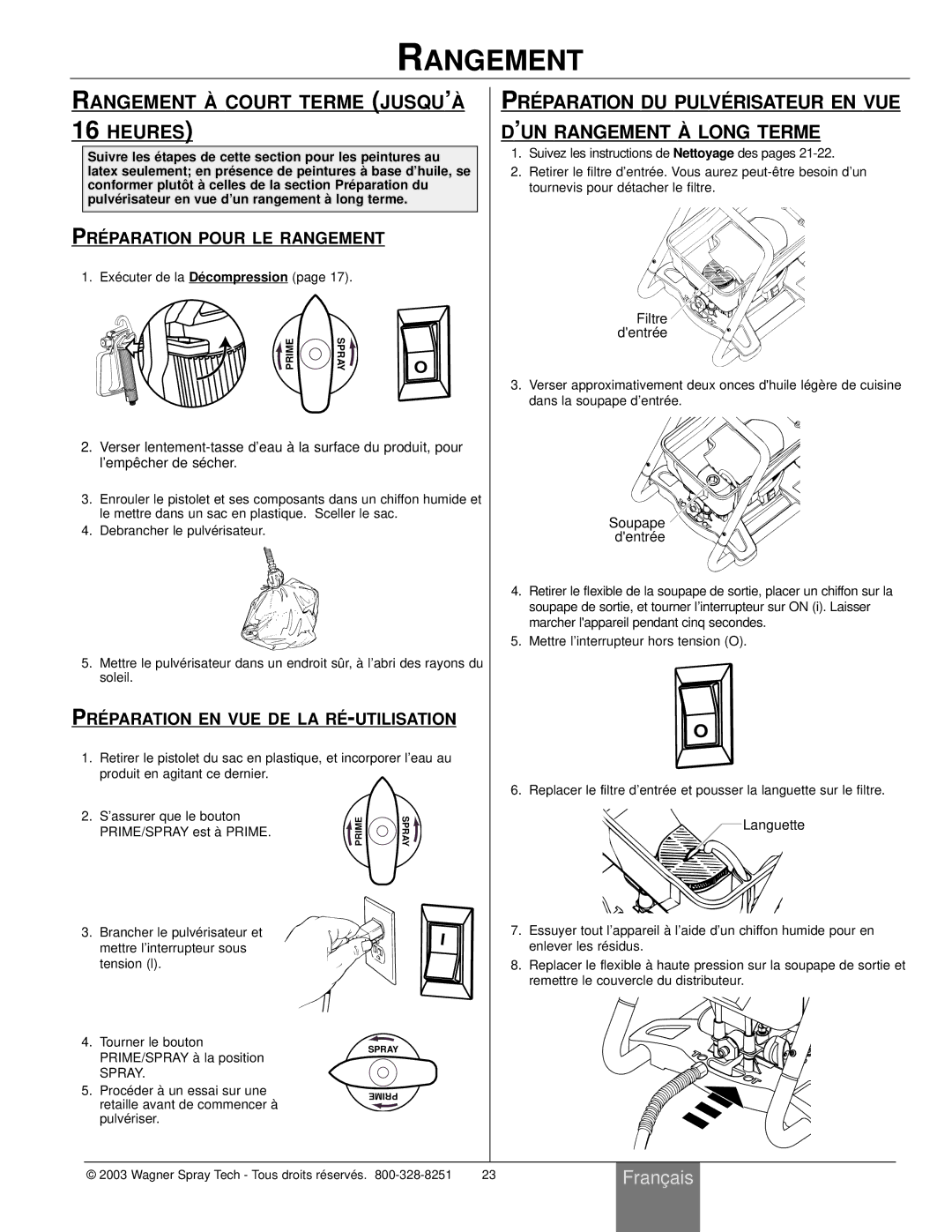 Wagner SprayTech HIGH PERFORMANCE AIRLESS SPRAYER owner manual Rangement À Court Terme JUSQU’À 16 Heures 