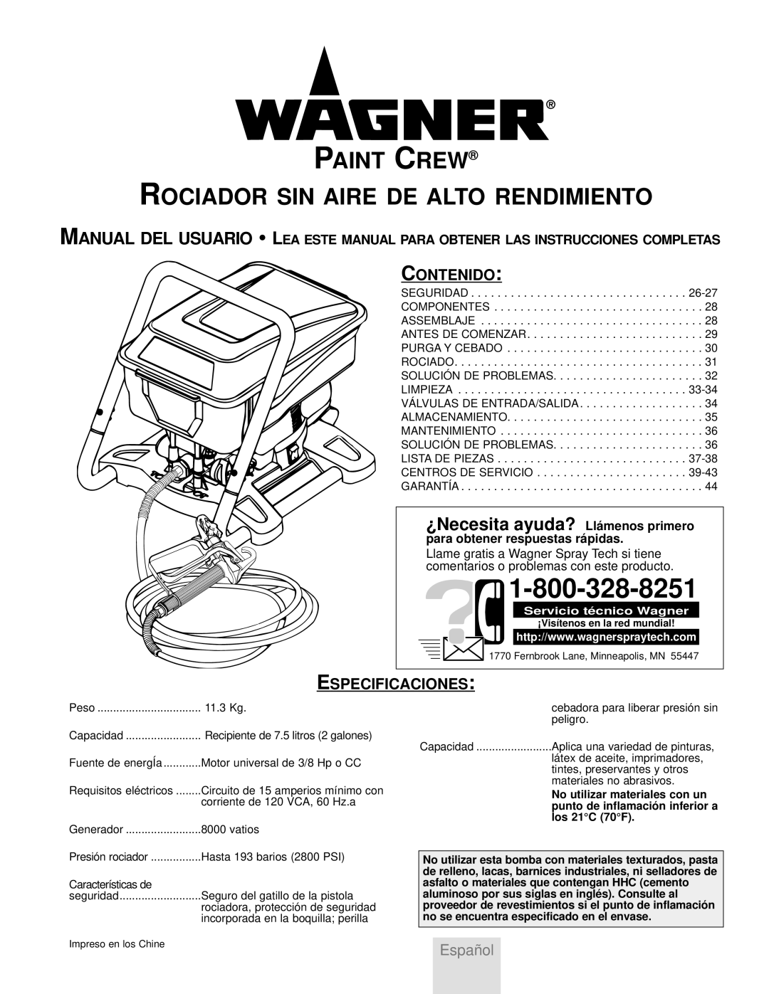 Wagner SprayTech HIGH PERFORMANCE AIRLESS SPRAYER owner manual Paint Crew Rociador SIN Aire DE Alto Rendimiento, Contenido 