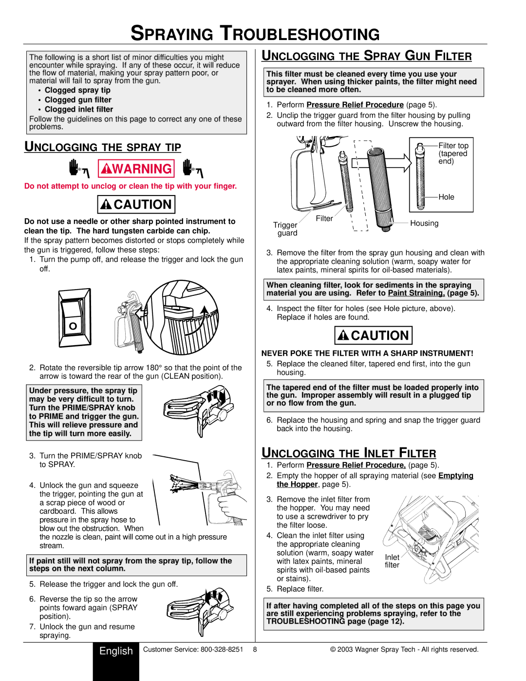 Wagner SprayTech HIGH PERFORMANCE AIRLESS SPRAYER owner manual Spraying Troubleshooting, Unclogging the Spray GUN Filter 