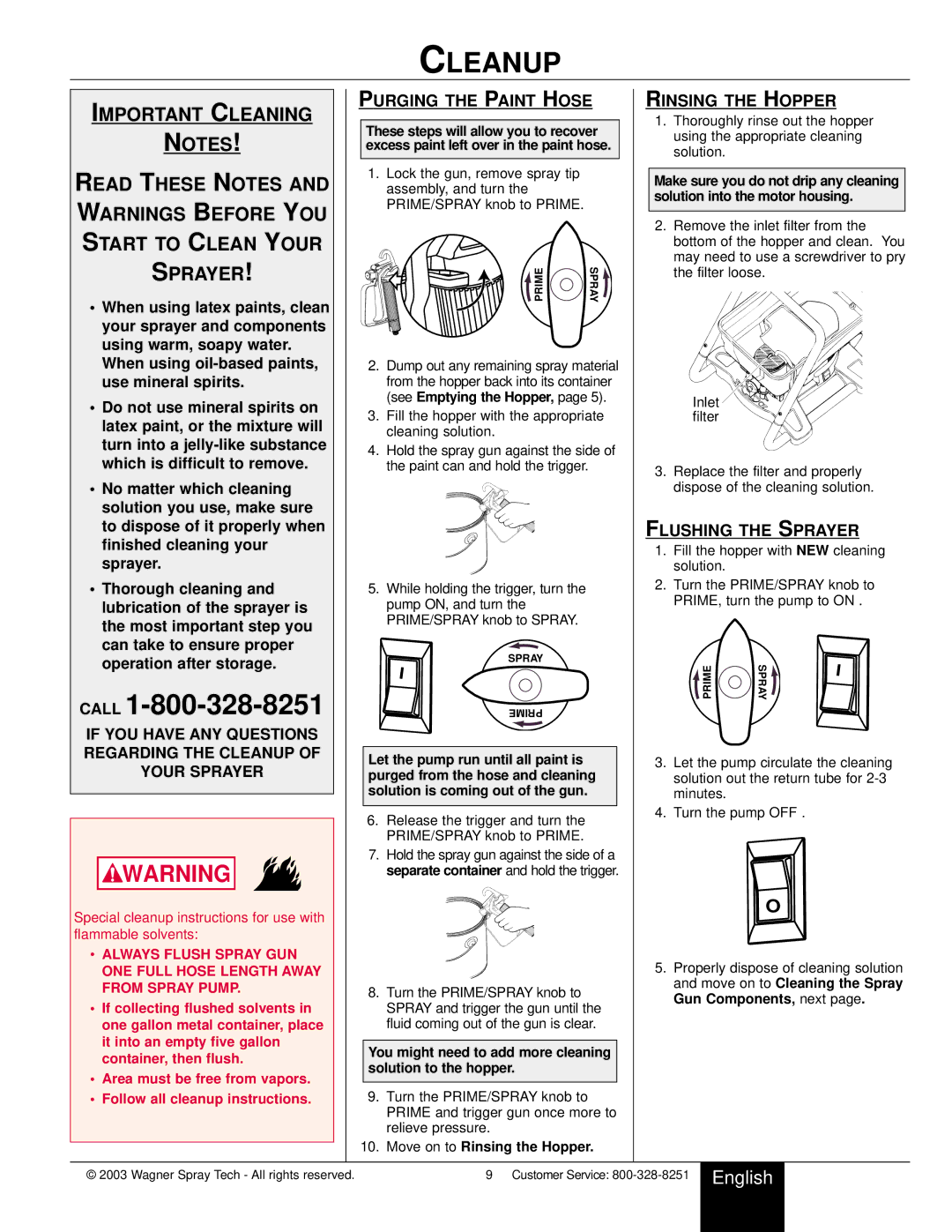 Wagner SprayTech HIGH PERFORMANCE AIRLESS SPRAYER owner manual Cleanup, Purging the Paint Hose, Rinsing the Hopper 
