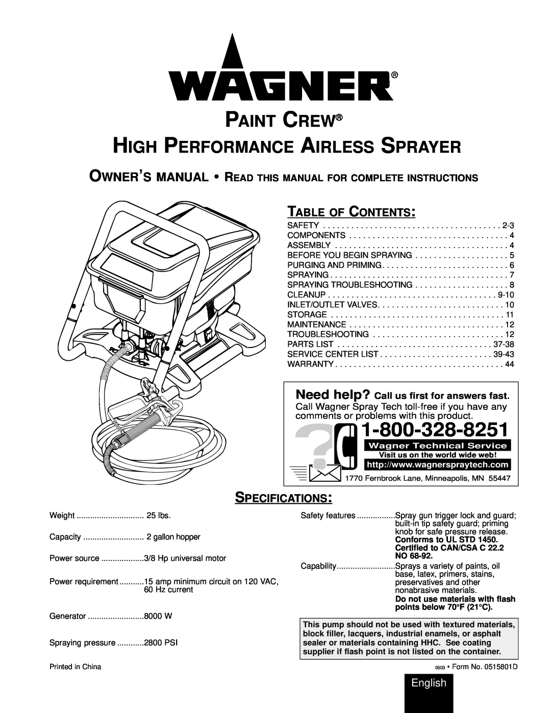 Wagner SprayTech HIGH PERFORMANCE AIRLESS SPRAYER owner manual Paint Crew High Performance Airless Sprayer, Specifications 