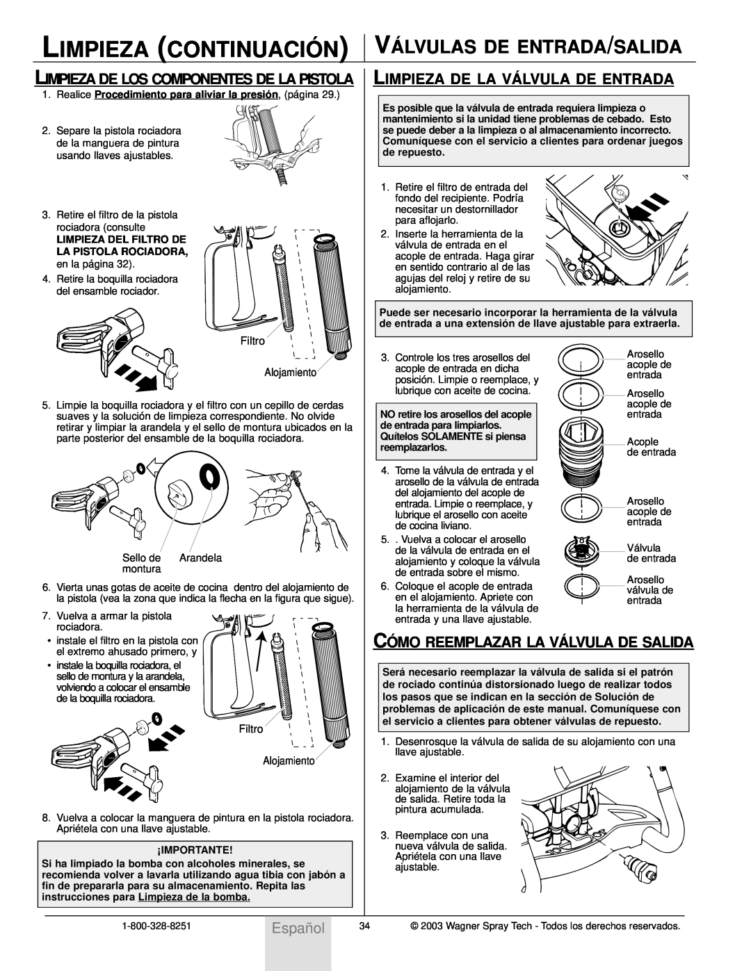 Wagner SprayTech HIGH PERFORMANCE AIRLESS SPRAYER owner manual Limpieza Continuació N, Vá Lvulas De Entrada/Salida, Español 