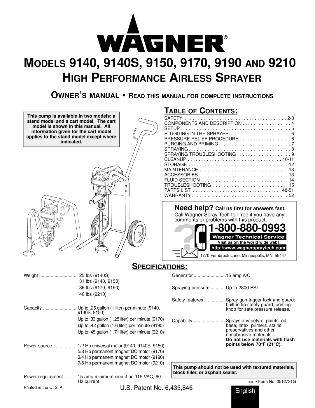 Wagner SprayTech Model 9140 owner manual High Performance Airless Sprayer, Table of Contents, Specifications 