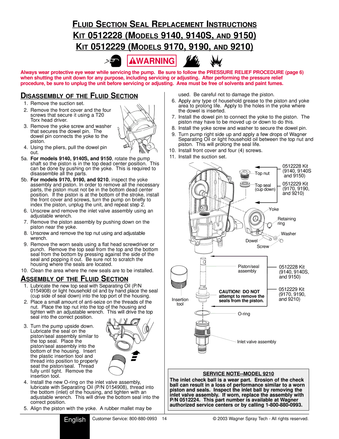 Wagner SprayTech Model 9140 owner manual Fluid Section Seal Replacement Instructions, Disassembly of the Fluid Section 