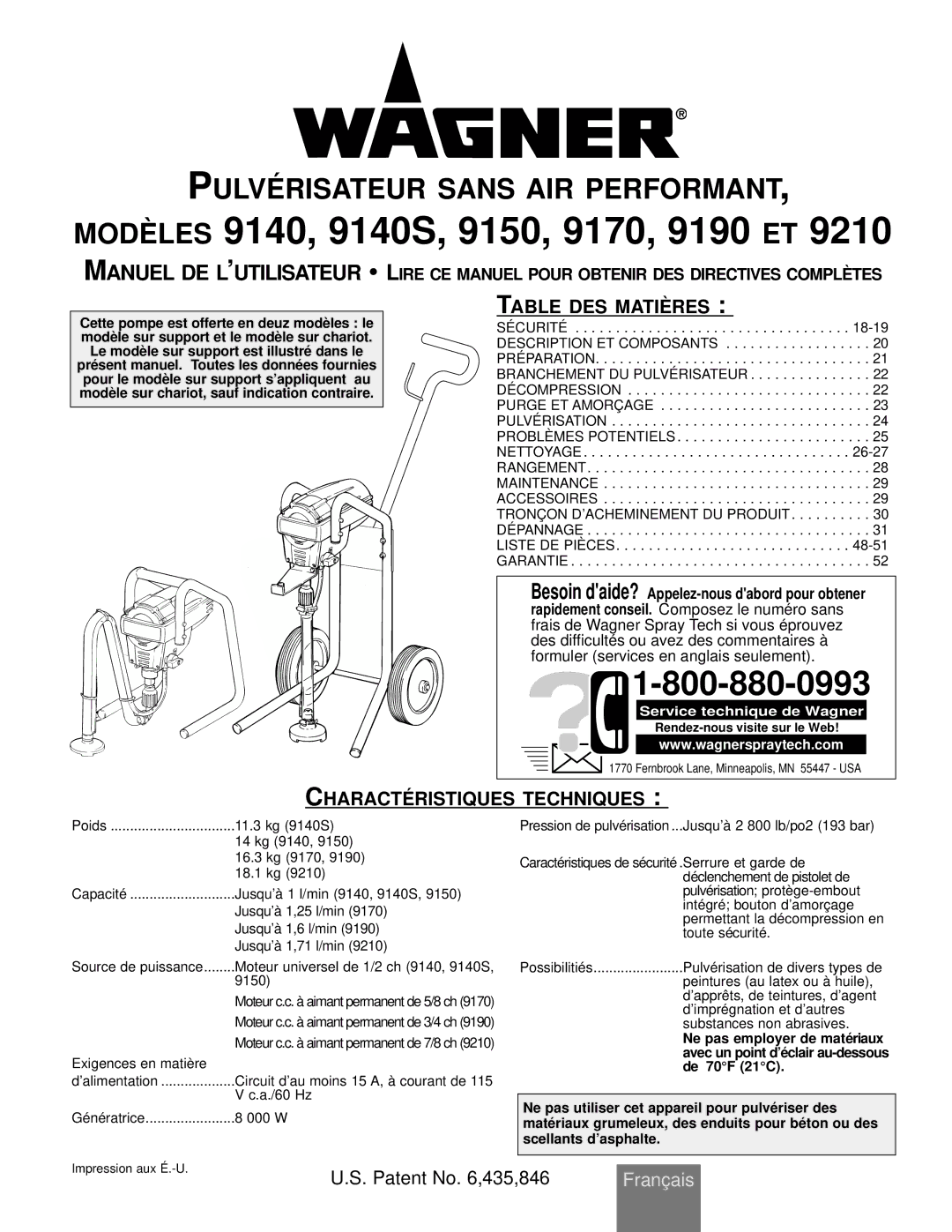 Wagner SprayTech Model 9140 Pulvérisateur Sans AIR Performant, Table DES Matières, Characté Ristiques Techniques 